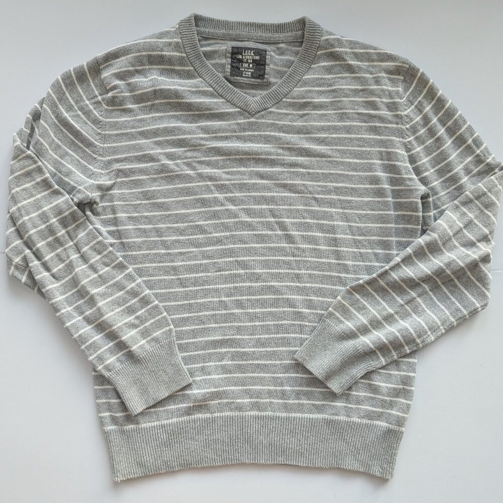 H&M LOGG Grey/White Striped V-neck Cotton Sweater Men's Medium